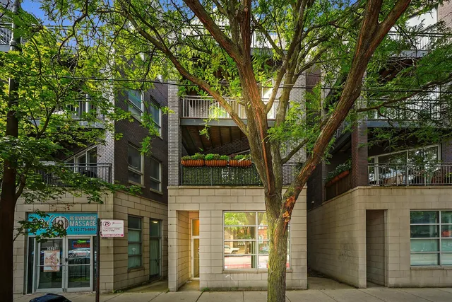 front view of a building with a tree