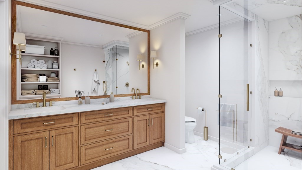 142 P Street, Unit 1 Boston, MA 02127 - Photo 6 of 6 a spacious bathroom with a granite countertop sink toilet mirror and shower