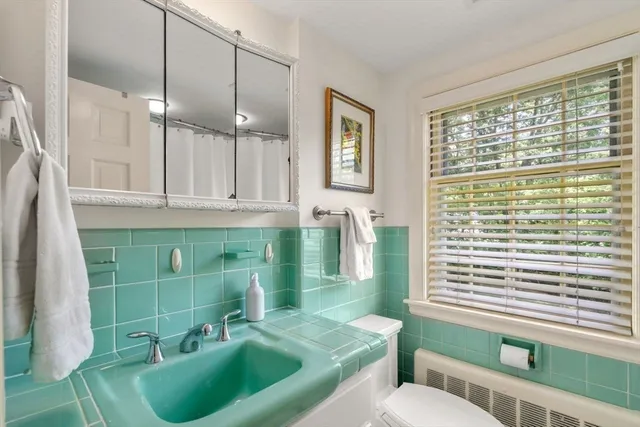 a bathroom with a sink a toilet a mirror and bathtub