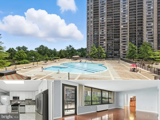 a view of a swimming pool and an outdoor seating