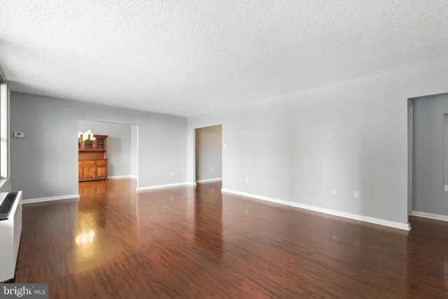 a view of empty room with wooden floor