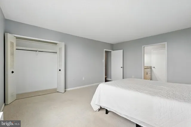 a spacious bedroom with a bed and a closet