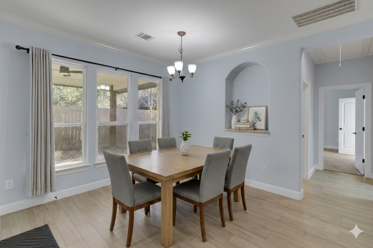 30 Beachwood Way Coldspring, TX 77331 - Photo 15 of 47 a dining room with wooden floor a chandelier a wooden table and chairs