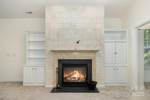 a room with a fireplace