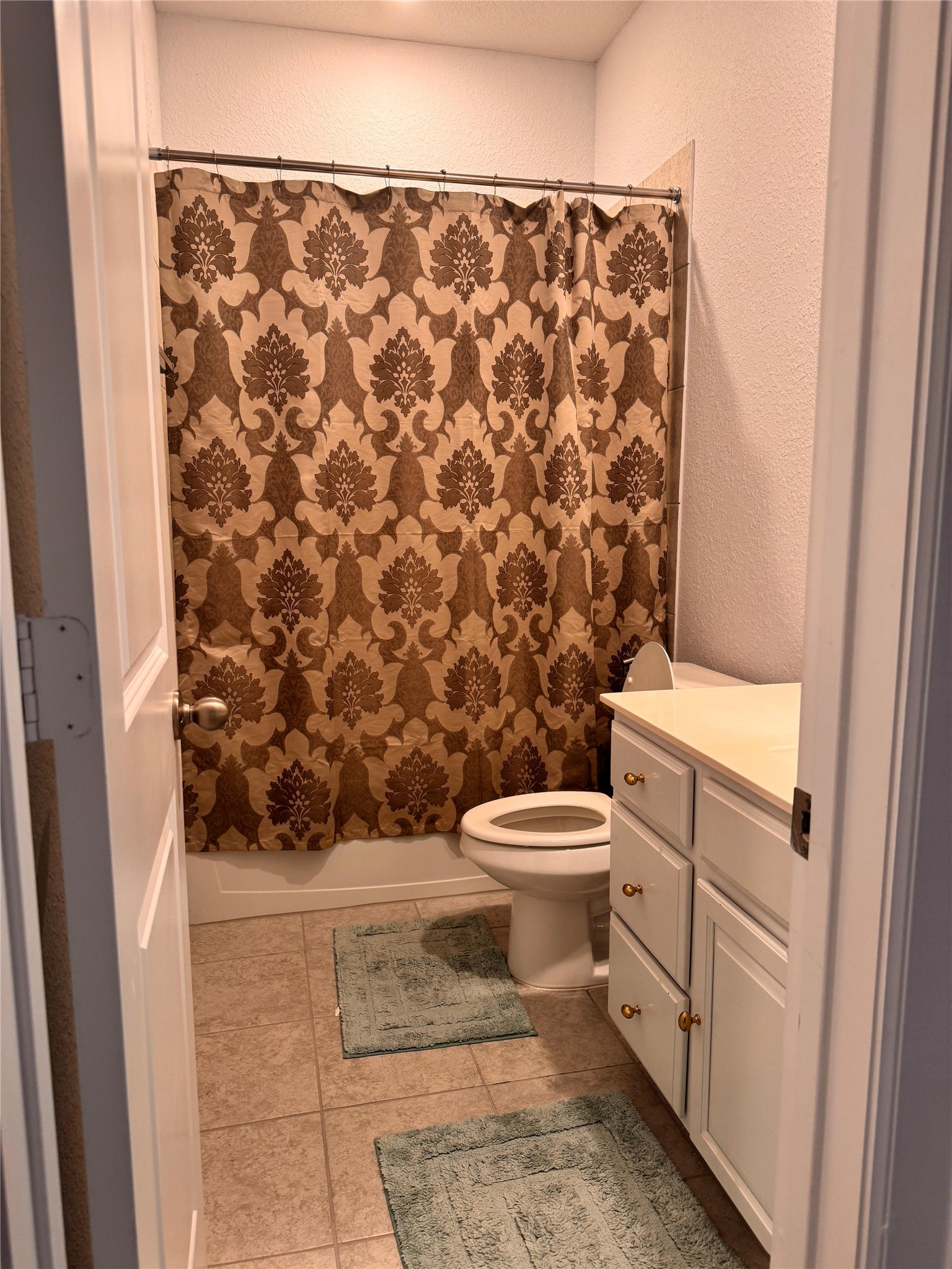 650 Wild Pecan Loop Buda, TX 78610 - Photo 18 of 28 Bathroom with vanity, a textured wall, and light tile patterned floors