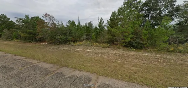 a view of a field with trees in background