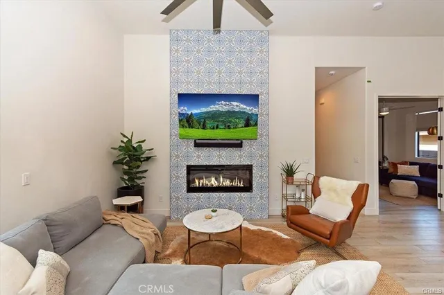 a living room with furniture a fireplace and a potted plant