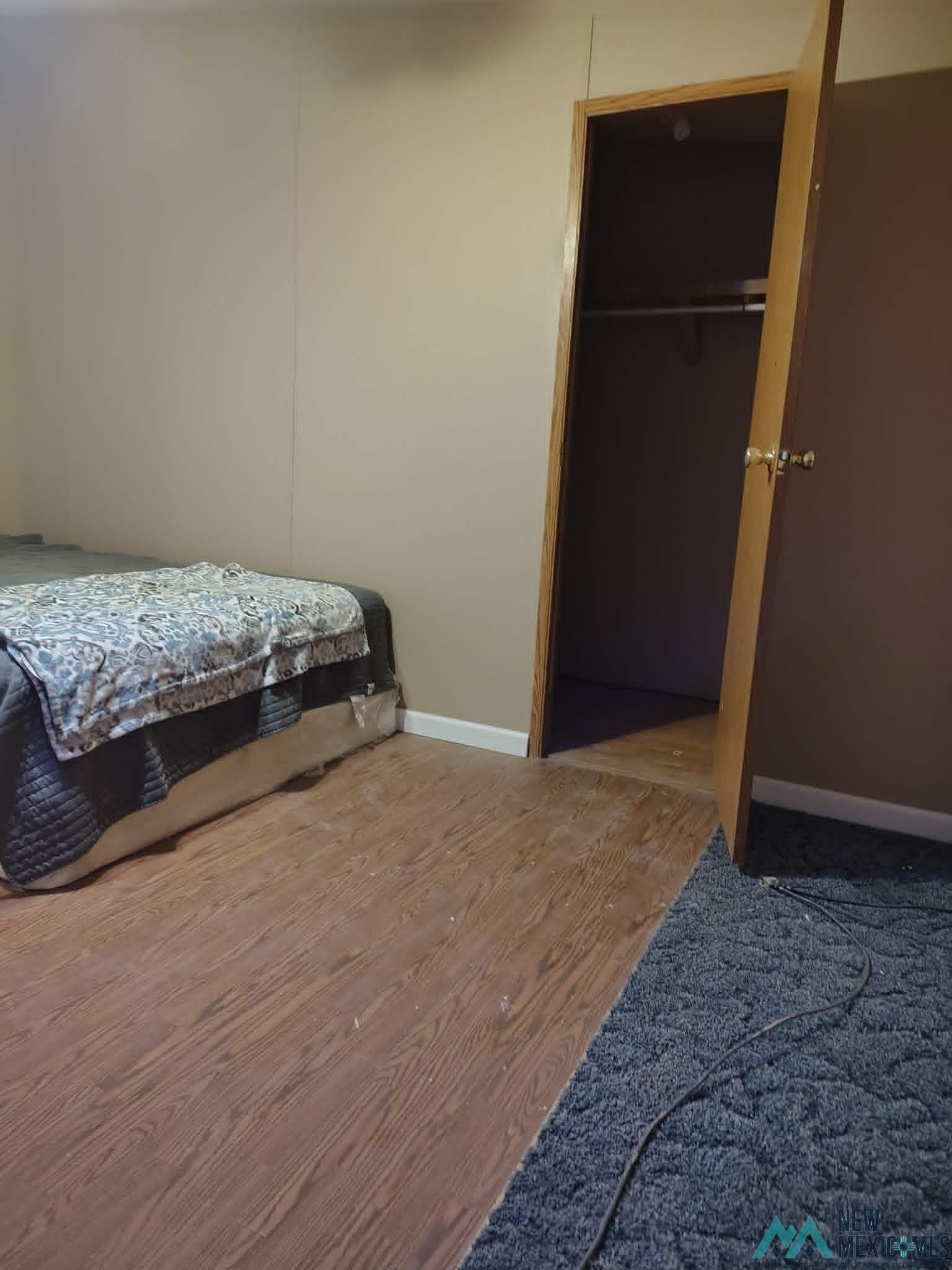 58 Fisk Road Dexter, NM 88230 - Photo 13 of 46 Bedroom featuring wood-finish flooring, neutral wall paneling, and a built-in closet with a wood-framed door