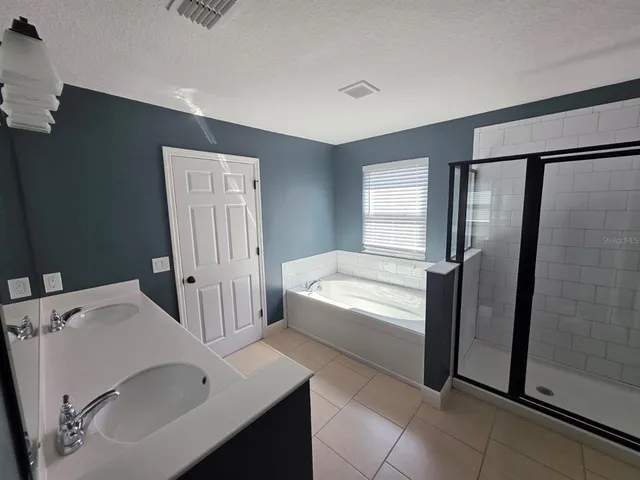 a bathroom with a tub sink and mirror