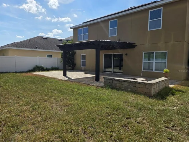 a garden view with a seating space