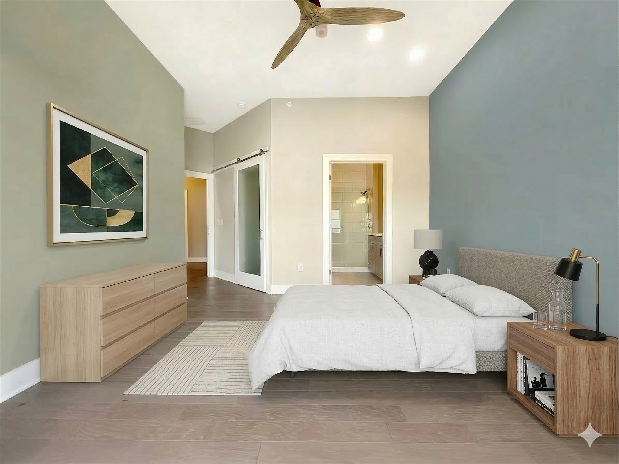 908 Nueces Street, Unit 42 Austin, TX 78701 - Photo 2 of 21 a bedroom with a bed and a chandelier