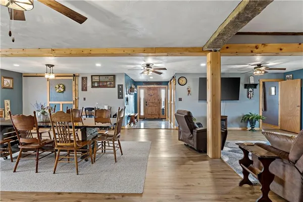 a view of a dining room with furniture