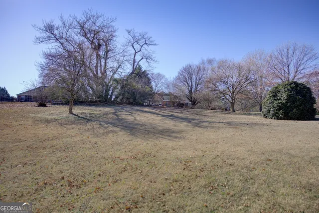 a view of dirt field with trees in background