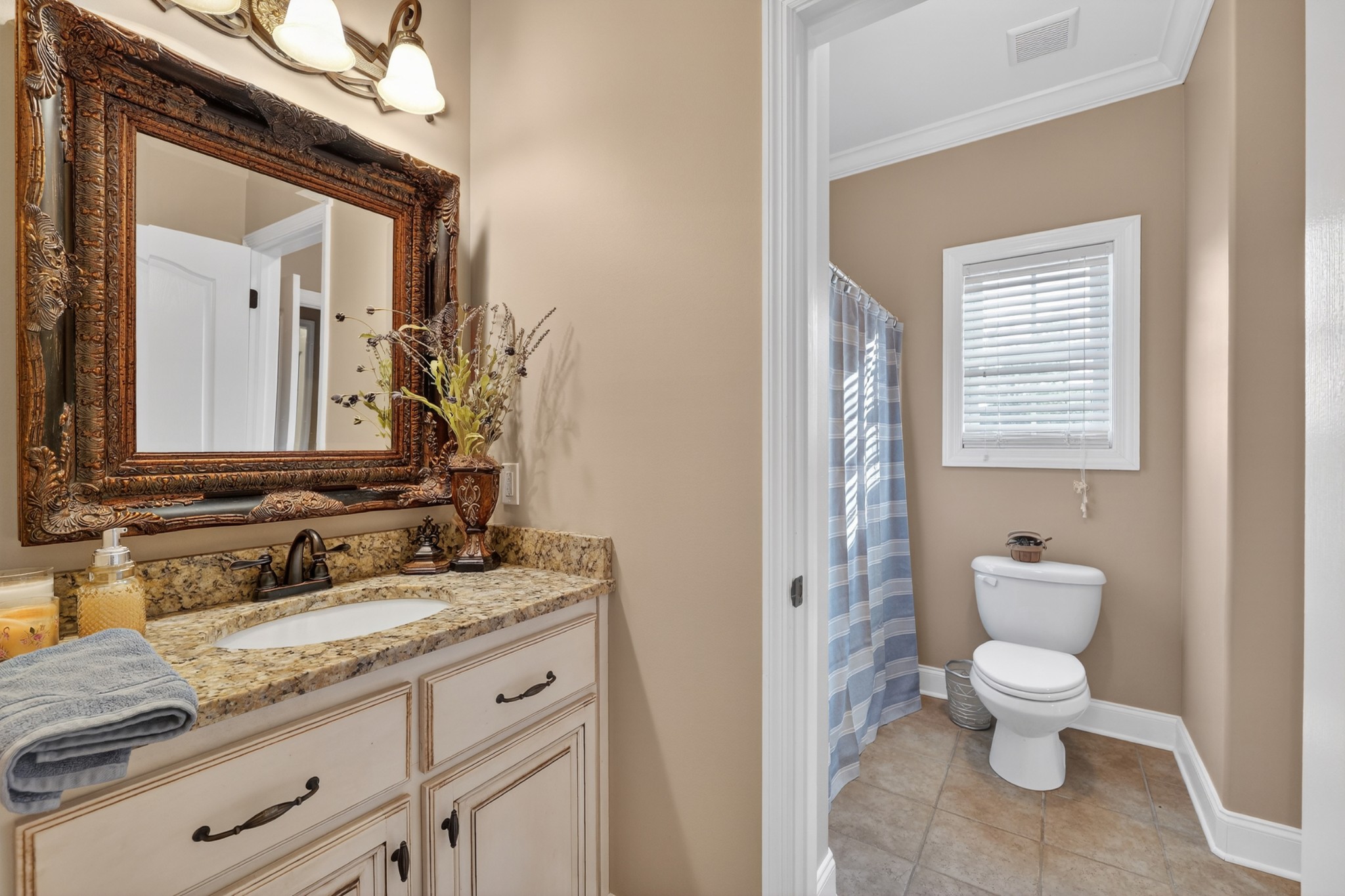 600 Bates Hollow Road Prospect, TN 38477 - Photo 29 of 68 a bathroom with a granite countertop toilet sink and mirror