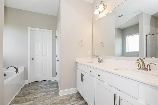 a bathroom with a double vanity sink a mirror and a bathtub