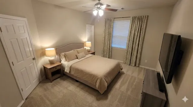 a bedroom with a bed and a flat tv screen on a dresser