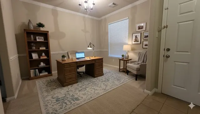 a living room with furniture a rug and a chandelier