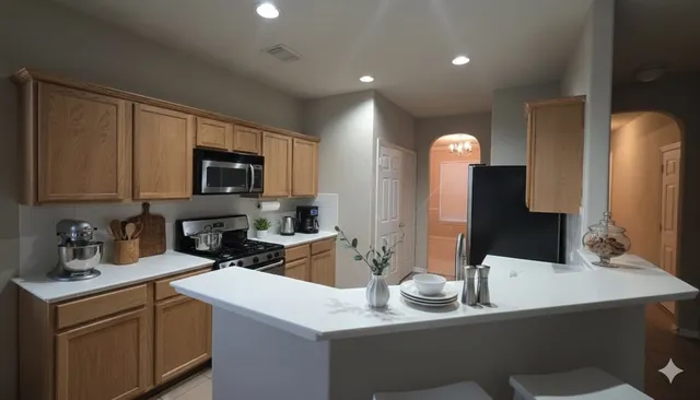 a kitchen with a sink microwave and cabinets