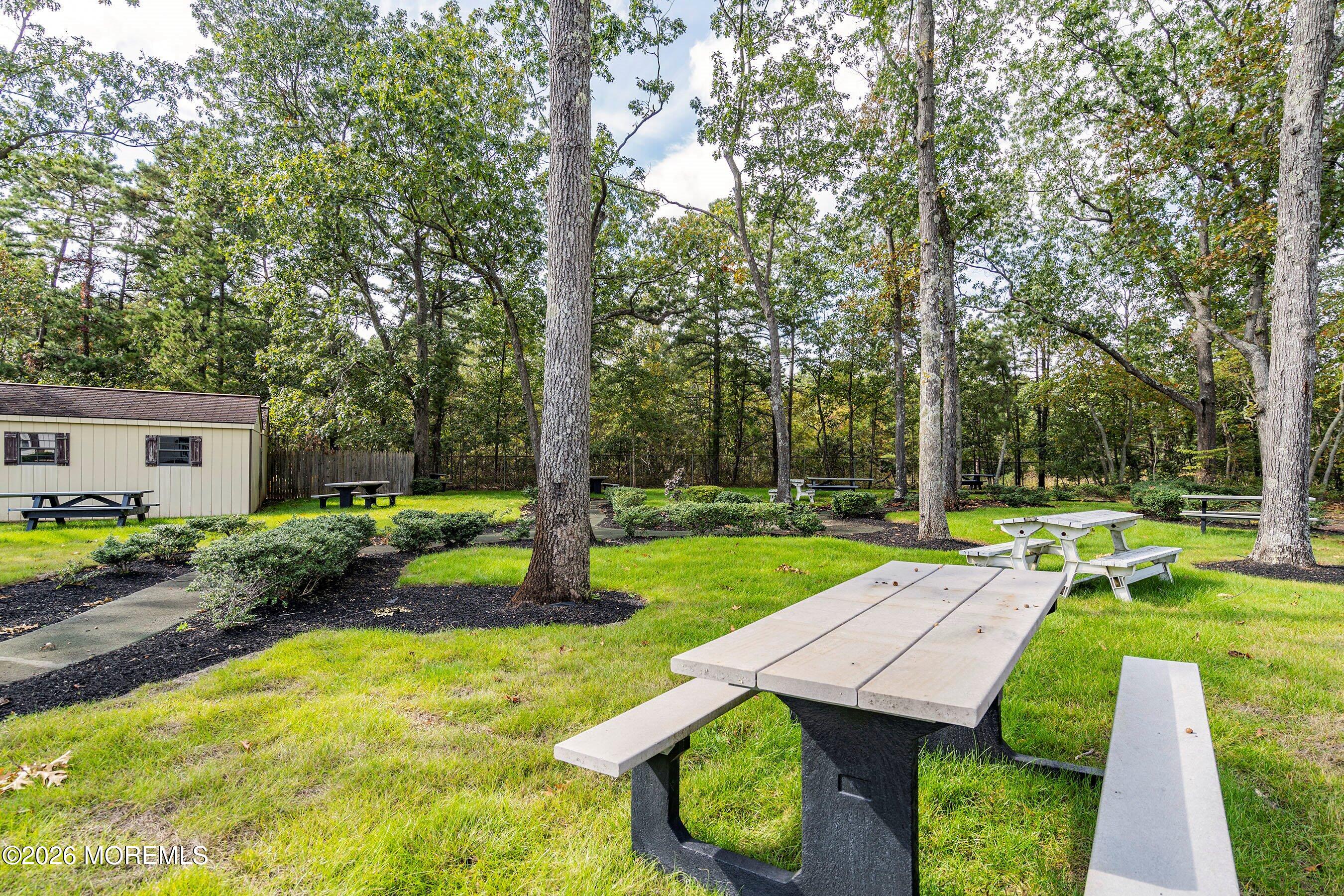 2 Berry Hill Road, Unit 72 Whiting, NJ 08759 - Photo 40 of 43 a view of a backyard with table and chairs potted plants and large tree