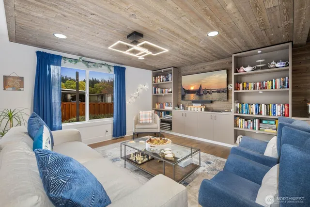 a view of a dining room with furniture