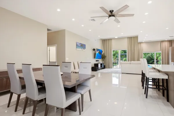 a view of a dining room with furniture
