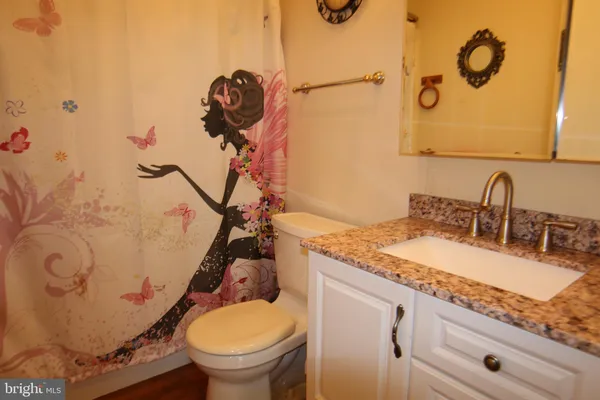 a bathroom with a granite countertop sink mirror vanity and toilet