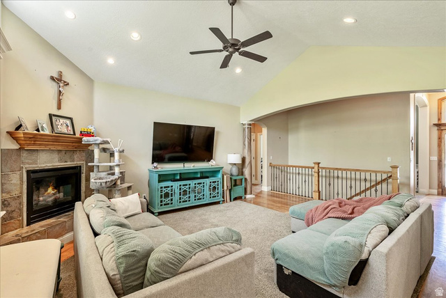 316 Azure Circle Draper, UT 84020 - Photo 15 of 48 Living space featuring vaulted ceilings, recessed lighting, and a ceiling fan