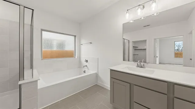 a bathroom with a tub sink and mirror