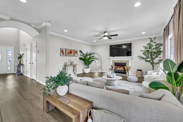 a living room with furniture potted plant and a fireplace