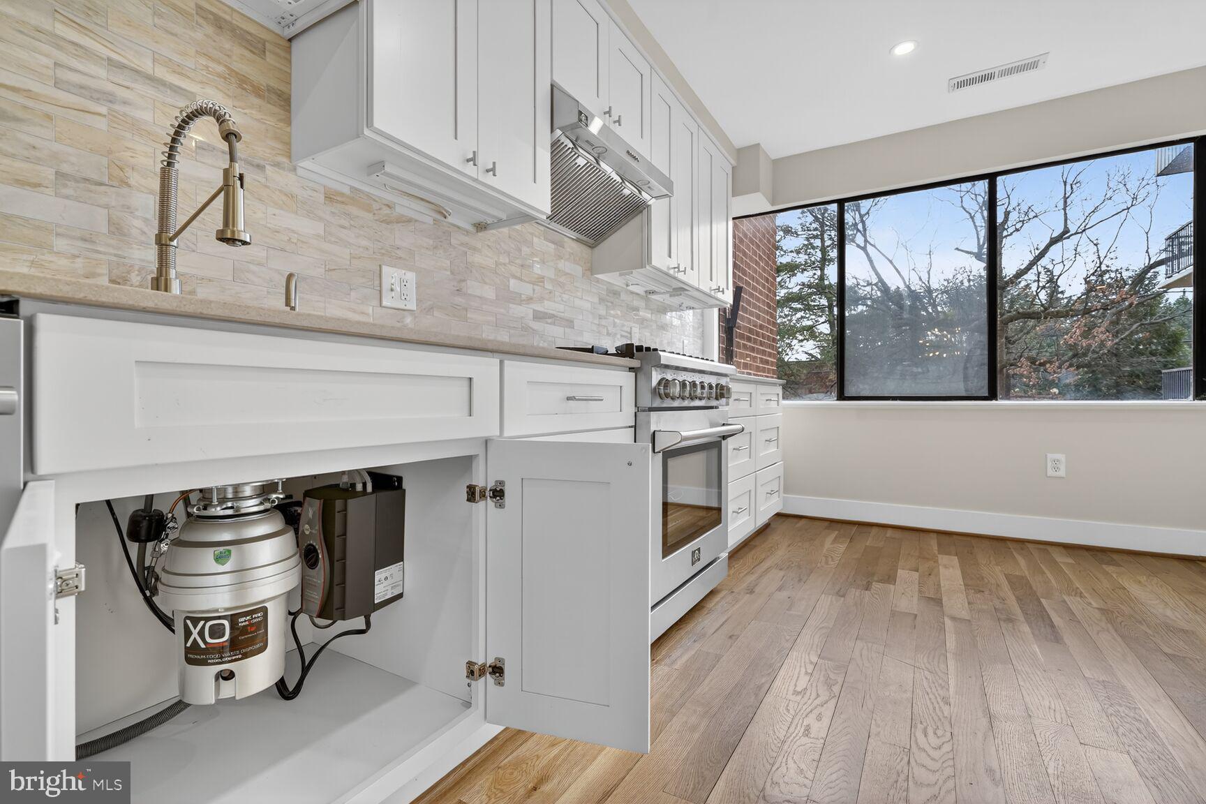9802 Georgia Avenue, Unit 26202 Silver Spring, MD 20902 - Photo 14 of 31 a kitchen with stainless steel appliances a stove a sink and white cabinets with wooden floor