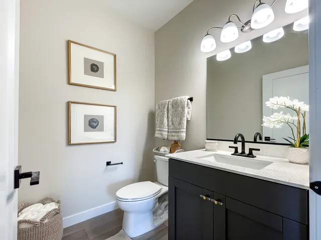 a bathroom with a sink vanity and a toilet