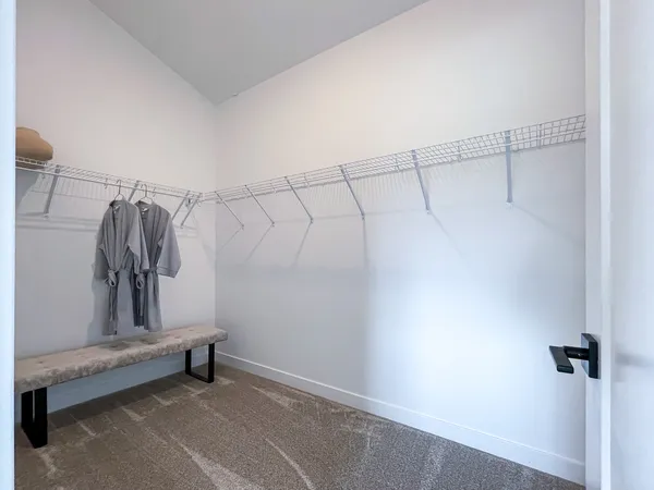 a view of walk in closet with clothes and shoes