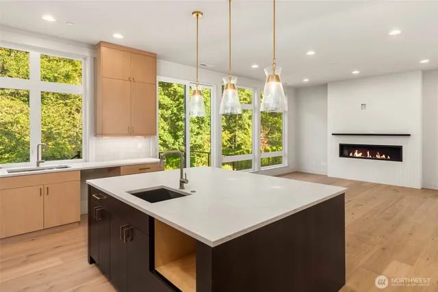 a kitchen with a sink a window and wooden cabinets