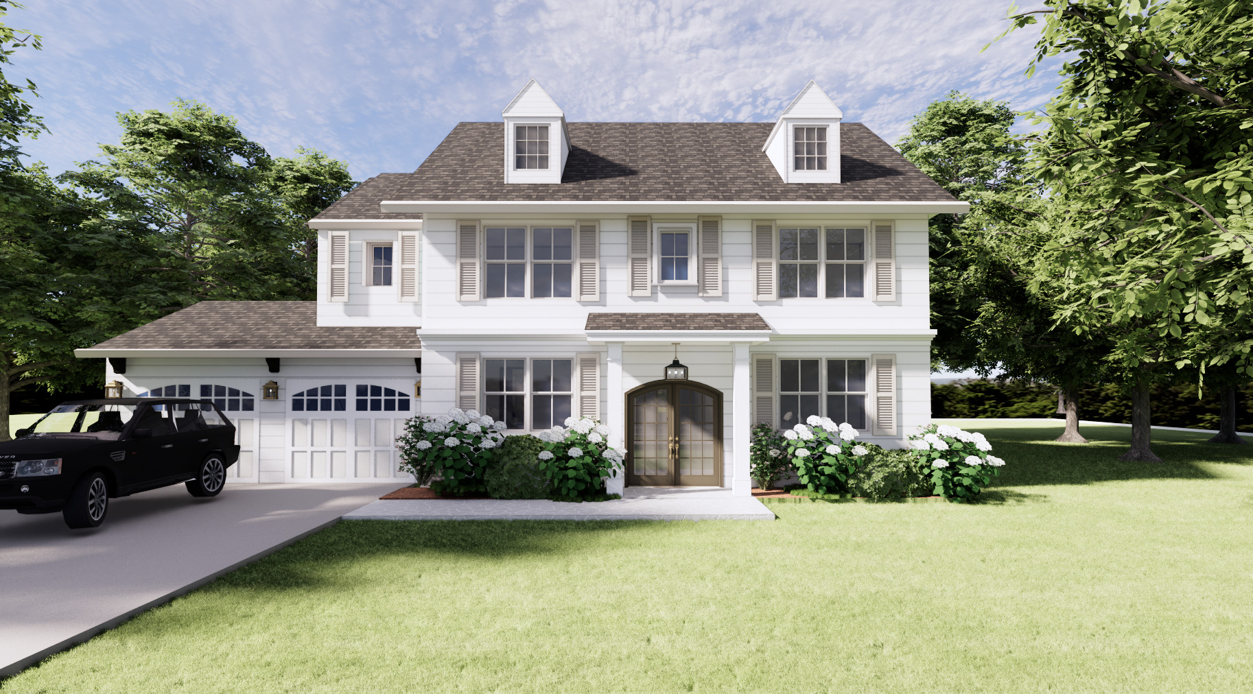 a front view of a house with yard and green space