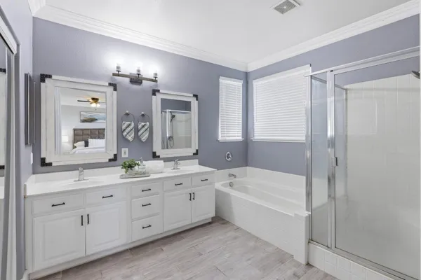 a bathroom with a double vanity sink a large mirror a shower and bathtub