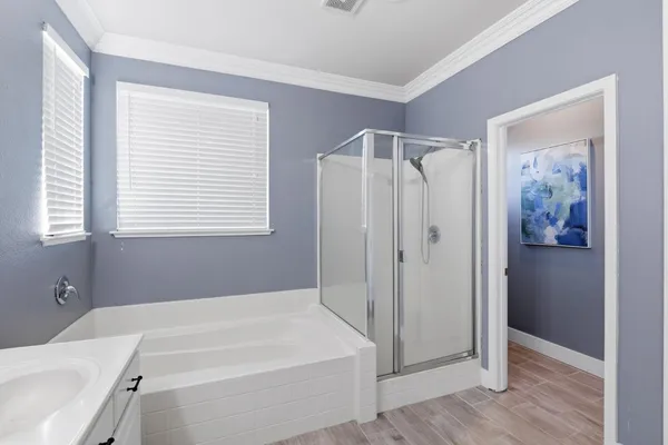 a bathroom with a bathtub and a shower
