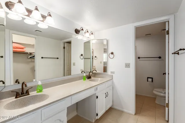 a bathroom with a double vanity sink toilet and shower