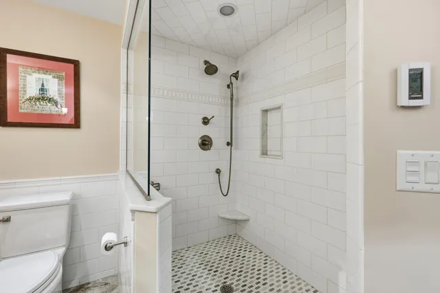 a bathroom with a toilet and a shower