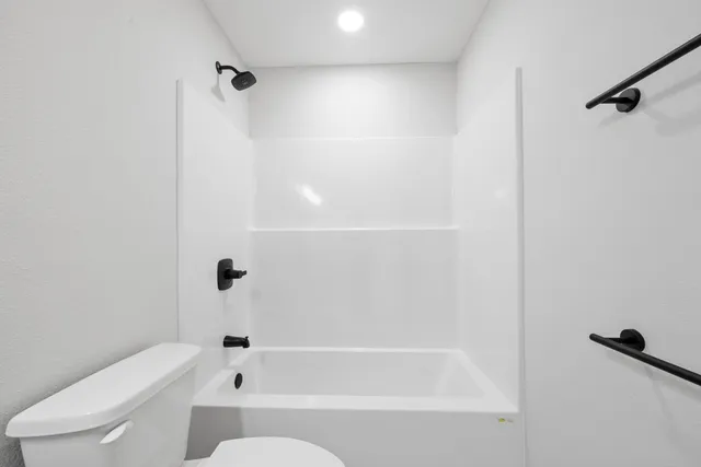 a bathroom with a bathtub and a toilet