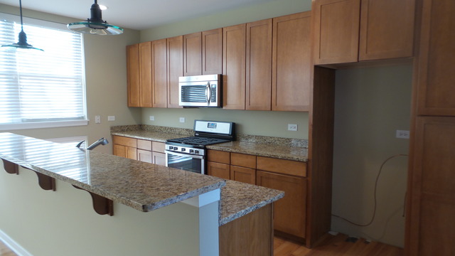 1244 West Monroe Street, Unit 1 Chicago, IL 60607 - Photo 15 of 25 a kitchen with kitchen island granite countertop a sink a stove and a refrigerator