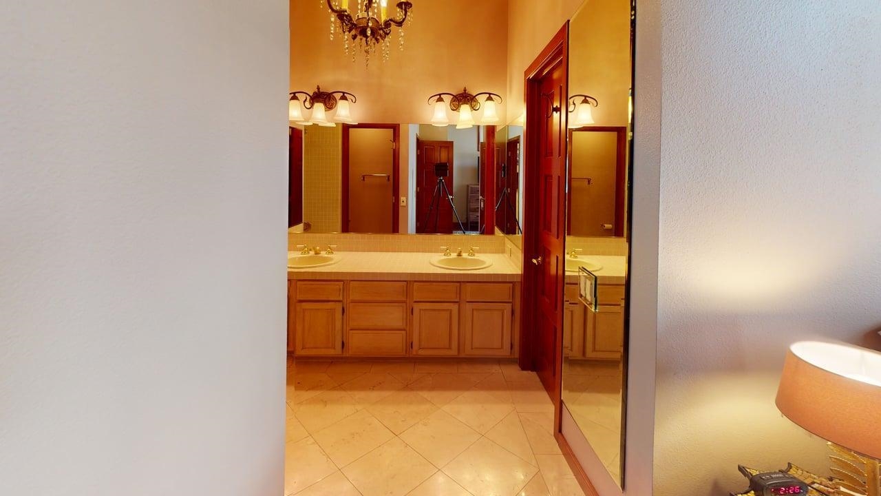 3600 Chateau Road, Unit 2 Mammoth Lakes, CA 93546 - Photo 15 of 30 Bedroom with a wooden ceiling with exposed beams, ensuite bathroom, a ceiling fan, high vaulted ceiling, and light wood finished floors