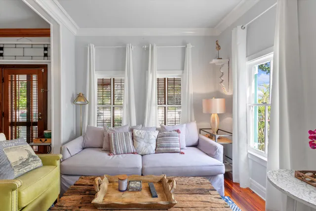 a living room with furniture and a potted plant