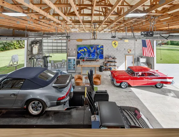 a view of a car is parked in a garage