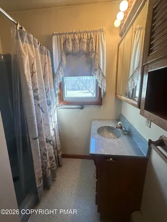 a bathroom with a sink toilet and shower