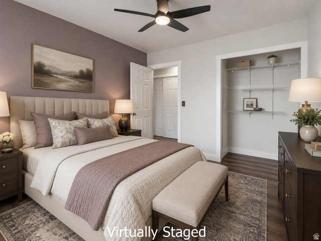 2693 Teal Way Sandy, UT 84093 - Photo 13 of 50 Bedroom featuring a ceiling fan with integrated lighting, wood-finish flooring, and a closet with wire shelving