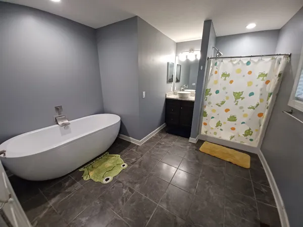a bathroom with a bathtub and shower