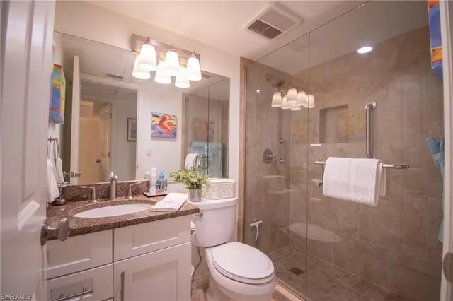 a bathroom with a sink a toilet a mirror a vanity and shower