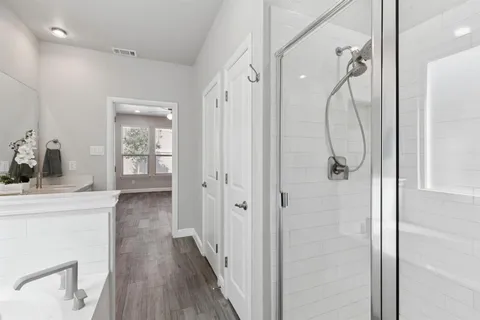 a bathroom with a shower and a sink