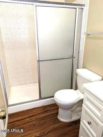 a white toilet sitting next to a shower