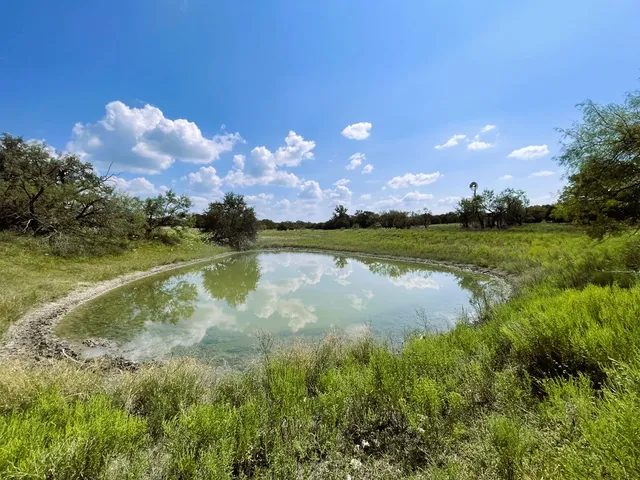 a view of a lake with houses in back